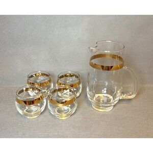 Vntg Libbey Cocktail Pitcher w/4 Glasses Gold Band MCM Barware Roly Poly Cordial